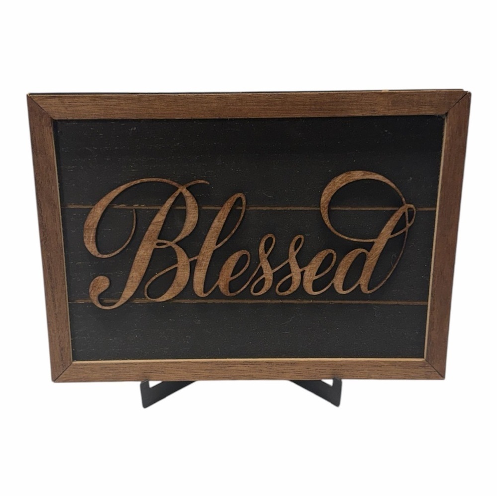 Blessed Wooden Farmhouse Style Sign - Black & Brown with easel
